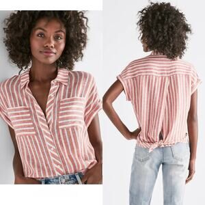 Lucky Brand Small Red Striped Linen Button-Up Short Sleeve Shirt With Tie Back